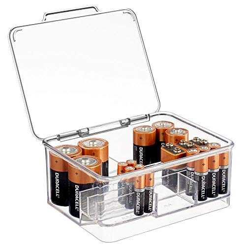 Product Cover mDesign Stackable Divided Battery Storage Organizer Box Bin with Hinged Lid for AA, AAA, C, D, 9 Volt Sizes, Great Storage for Kitchens, Home Offices, and Utility Rooms - Clear