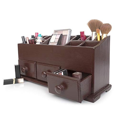 Product Cover Vanity Drawer Beauty Organizer 3 Drawers - Wooden Cosmetic Storage Box for Neat & Organize Storing of Makeup Tools, Small Accessories at Home & Office Vanities & Bathroom Counter-top (Dark Brown)