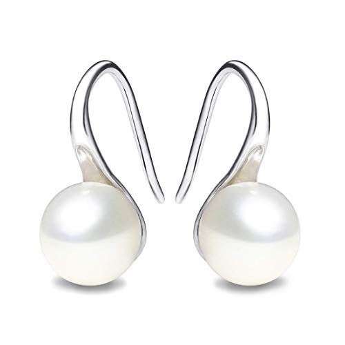 Product Cover Freshwater Cultured Pearl Earrings, Handpicked AAA+ Quality White Pearl Dangle and Drop Earring for Women S925 Sterling Silver Hoop Earrings with Gift Box