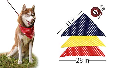 Product Cover Dog Bandana Variety Pack and Leash-for Small and Big Dogs Triangle Bibs Reversible Set 3pcs Red Yellow Blue and 1 Dog Leash Nice Pack for Your Boy at Birthday All Accessories in 1 Set