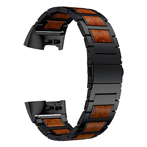 Product Cover LDFAS Wood Band Compatible for Fitbit Charge 3 Bands, Red Sandalwood Black Stainless Steel Replacement Metal Watch Strap Compatible for Fitbit Charge 3 Smartwatch
