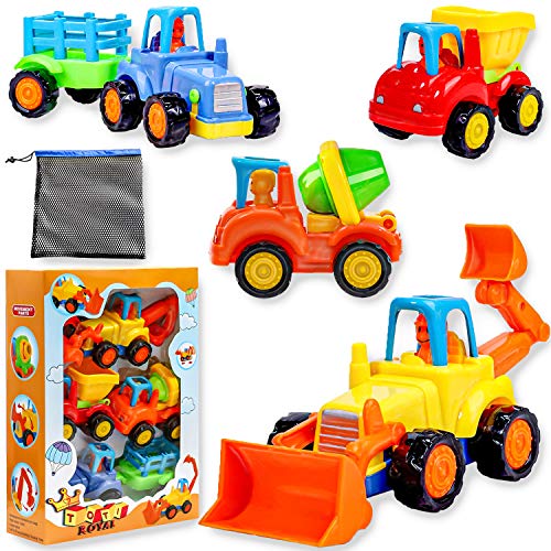 Product Cover Friction Powered Cars Push and Go Construction Vehicles Toy Set of 4 Cartoon Bulldozer, Tractor, Cement Mixer, Dump Truck - w/Bonus Mesh Bag Toddler/Baby-Friendly for Boys and Girls Ages 1-5 Kids Gift