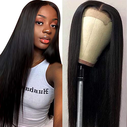 Product Cover Muokass 4x4 Lace Front Wigs Straight Hair Brazilian Virgin Human Hair Lace Closure Wigs For Black Women 150% Density Pre Plucked With Elastic Bands Natural Color (22 inch, straight wig)