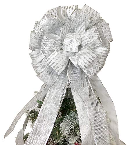 Product Cover Flash World Christmas Tree Topper,27x12 Inches Large Toppers Bow with Streamer Wired Edge for Christmas Decoration (Silver)