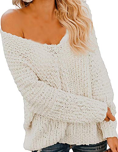 Product Cover Happy Sailed Women Off Shoulder Sweaters V Neck Long Sleeve Oversized Pullovers Jumpers