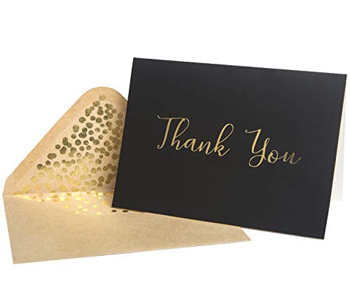 Product Cover Thank You Cards -50 Pack Black and Gold Thank You Cards, Black Thank You Cards With Fancy Gold Foil letters- Include 52 Kraft Envelopes- For Funeral, Birthday, Wedding Thank You Cards - 4 x 5.75 inch