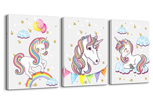Product Cover Unicorn Wall Decor for Girls Bedroom Canvas Wall Art of White Unicorn Pink Balloon Rainbow Cute Picture Artwork Modern Framed Canvas Prints Painting for Kids Nursery Wall Decorations 3 Pieces a Set