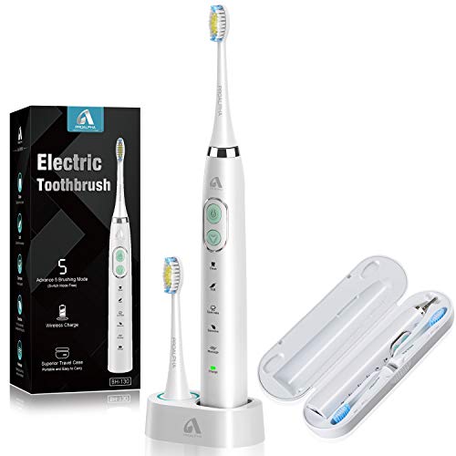 Product Cover Proalpha Sonic Electric Toothbrush for Adults, 5 Optional Brushing Modes Rechargeable Toothbrushes with 6 Replacement Heads & 2 Minutes Timer, Travel Case Included (white)