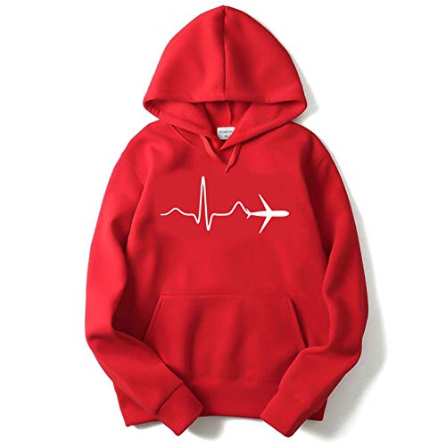 Product Cover The SV Style Unisex RED Hoodie with White Print: Heartbeat Plane/Printed Red Hoodie/Graphic Printed Hoodie/Hoodie for Men & Women/Warm Hoodie/Unisex Hoodie