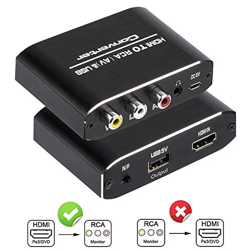 Product Cover HDMI to RCA Converter, 1080P HDMI to AV 3RCA CVBs Composite Video 3.5mm Aux Audio Adapter Supports PAL/NTSC for TV Stick, PS3, PC, Laptop, Xbox, HDTV, DVD (Black，Aluminum Alloy Material)