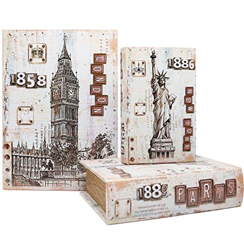 Product Cover Jolitac Decorative Book Boxes World Map Pattern Antique Book Invisible Box with Magnetic Cover, Faux Wood Set of 3 Storage Set (Architecture)