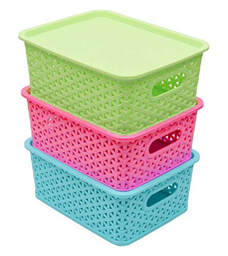 Product Cover Kuber Industries Plastic 3 Pieces Medium Size Multipurpose Solitaire Storage Basket with Lid (Multi) -CTLTC10890