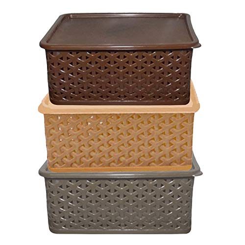 Product Cover Kuber Industries Plastic 3 Pieces Small Size Multipurpose Solitaire Storage Basket with Lid (Multi) -CTLTC10899