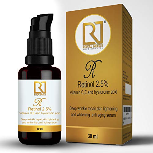 Product Cover ROYAL NEEDS Retinol 2.5% +Vitamin C & E, Hyaluronic, glycolic acid facial Serum (30ml) for Deep wrinkle repair, acne treatment,Boost collagen production,anti aging, skin lightening and brightening serum for face and neck