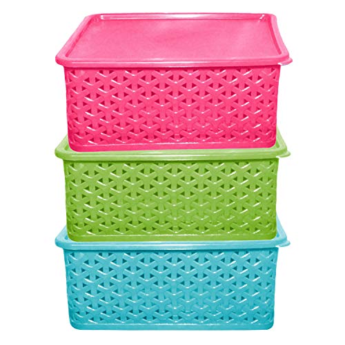 Product Cover Kuber Industries Plastic 3 Pieces Medium Size Multipurpose Solitaire Storage Basket with Lid (Multi) -CTLTC10891