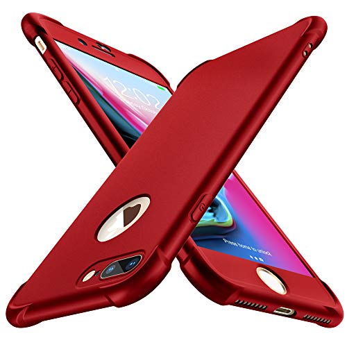 Product Cover iPhone 8 Plus Case,ORETech iPhone 7 Plus Case with [2 x Tempered Glass Screen Protector] 360° Full Body Ultra-Thin Hard PC + Silicone Case for iPhone 7 Plus/iPhone 8 Plus Case 5.5inch -Red