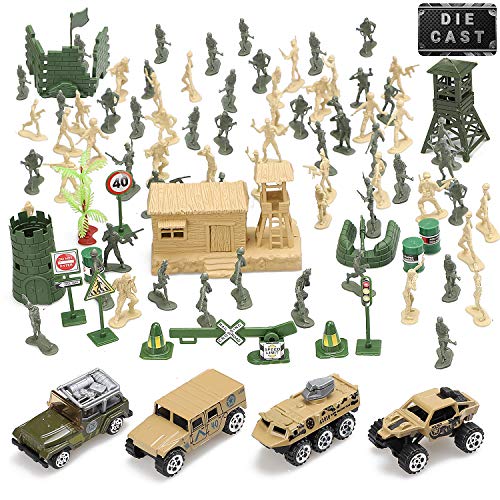 Product Cover Toy Life Plastic Army Men Plus Die Cast Military Toy Vehicles Play Set | 100pc Piece Army Toys Gift Set for Boys | Includes Toy Soldiers Army Base Toy Props Plus 4 Diecast Military Toy Vehicles