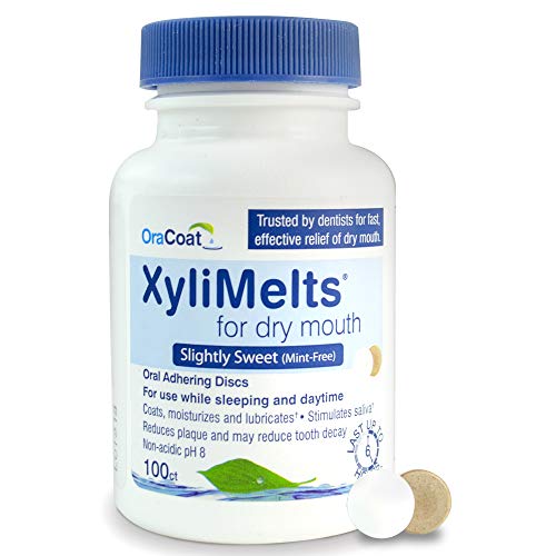 Product Cover OraCoat XyliMelts Dry Mouth Relief Oral Adhering Discs Slightly Sweet with Xylitol, for Dry Mouth, Stimulates Saliva, Non-Acidic, Day and Night Use, Time Release for up to 8 Hours, 100 Count.