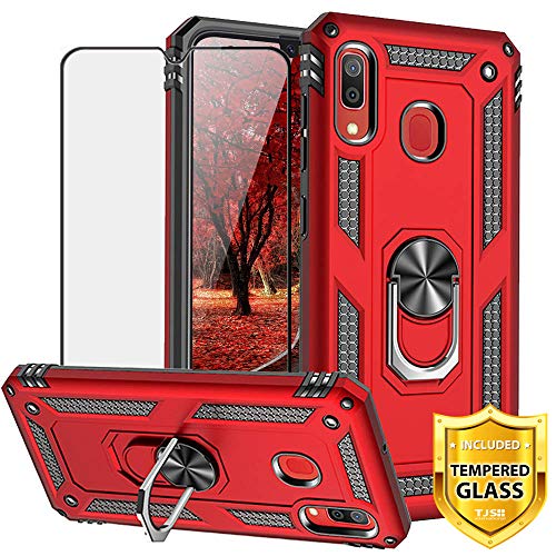 Product Cover TJS Phone Case Compatible for Samsung Galaxy A20/Galaxy A30, with [Full Coverage Tempered Glass Screen Protector][Impact Resistant][Defender][Metal Ring][Magnetic Support] Heavy Duty Armor Cover (Red)