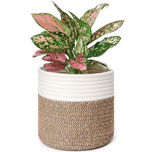 Product Cover Mkono Cotton Jute Rope Seamed Plant Basket Modern Table Desktop Indoor Planter Up to 7 Inch Flower Pot Woven Storage Organizer with Handles Home Decor, 8