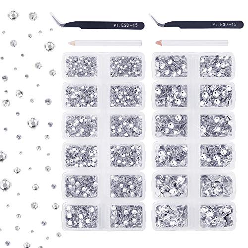 Product Cover Outuxed 5904pcs Clear Hotfix Rhinestones 7 Mixed Size Crystal Flat Back Rhinestone Crafts Round Glass Gemstone with Tweezers and Picking Rhinestone Pen (SS6-SS30 / 2-6.5mm)