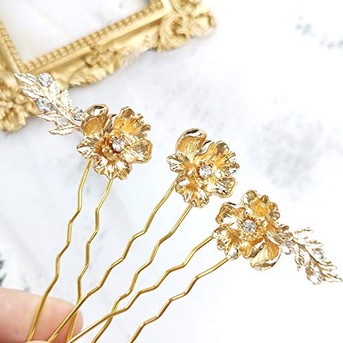 Product Cover Aegenacess 3 Packs Gold Flower Leaf Bridal Hair Pins Set Wedding Rhinestone Small Minimalist Clips Accessories for Brides and Bridesmaids