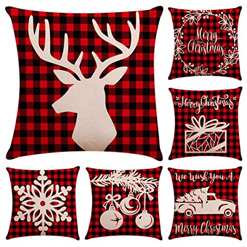 Product Cover Faylapa 6 Pack Christmas Series Pillow Cases,Red Black Buffalo Plaids Decorative Cushion Cover Cotton Linen Pillowcase Indoor Sofa Decorations 18×18 Inches (45×45cm)(Case ONLY)