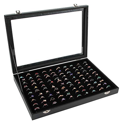 Product Cover Bivisen Ring Organizer Box, 100 Slots Ring Storage Display Box Case Tray Holder with Transparent Lid, PU Leather Black