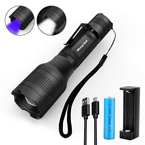 Product Cover Rechargeable Flashlight Morpilot 2 IN 1 UV & LED Torch (White Light and UV Light) with Pocket Clip, 500 Lumens and 4 Light Modes Flashlight Zoom OUT/IN Waterproof IPX 4 (Battery and charger Included)T