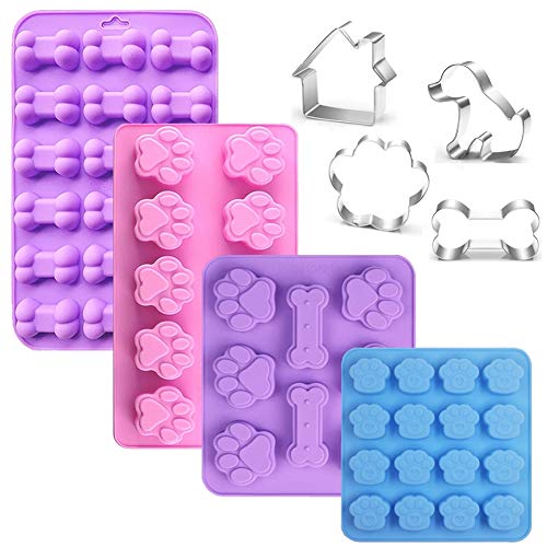 Product Cover Dog Treat Molds 8 Pack Silicone Puppy Treat Molds and Stainless Steel Puppy Dog Paw and Dog Bone Cookie Cutter Molds,Non-stick Dog Ice Molds Trays ,Baking Molds for Chocolate, Candy, Biscuits