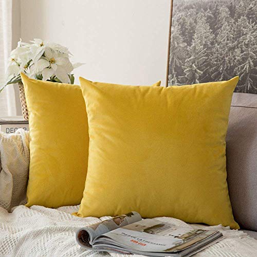 Product Cover MIULEE Pack of 2 Velvet Pillow Covers Decorative Square Pillowcase Soft Solid Cushion Case for Sofa Bedroom Car 24 x 24 Inch 60 x 60 cm Lemon Yellow