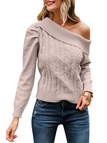 Product Cover Zandiceno Women's Sexy Puff One Shoulder Cable Knit Sweater Asymmetrical Fitted Sweaters