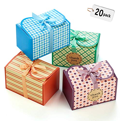 Product Cover Hayley Cherie - Gift Treat Boxes with Ribbons and Thank You Stickers (20 Pack) - 6.5 x 4 x 4 inches - Thick 400gsm Card - For Cookies, Goodies, Candy, Parties, Christmas, Birthdays, Weddings (Printed)
