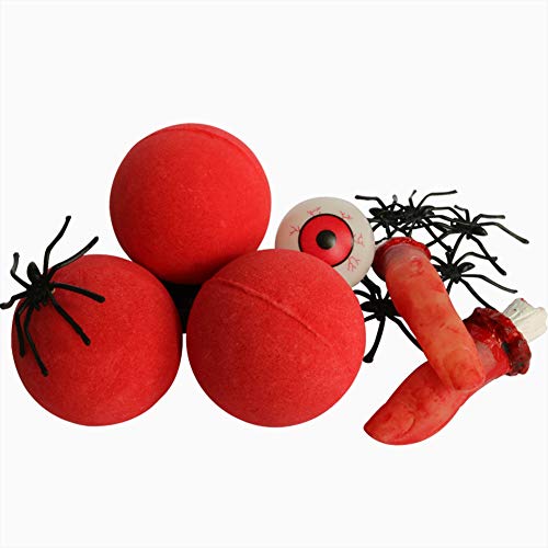 Product Cover Red Bath Bomb for Horror Decoration, Bath Bomb Set with 3 Red Fun Shower Bombs (3.5 oz), 10 Floating Spiders, 2 Floating Water Broken Fingers, 2 Floating Eyeball,1 Storage Bag