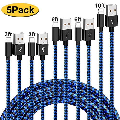 Product Cover Longlidie Nylon Braided Cable Compatible with iPhone Charger, 5 Pack[3/3/6/6/10FOOT] MFi Certified USB Lightning Cable Charging Cord for iPhone X/Max/11/8/7/6/6S/5/5S/SE/Plus/iPad  - Black Blue