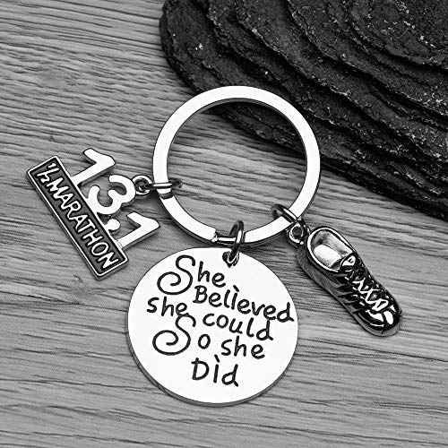 Product Cover Sportybella 13.1 Keychain, Half Marathon Runner She Believed She Could So She Did Charm Keychain, Running Jewelry, 1/2 Marathon Gift for Girls and Women, for Runners