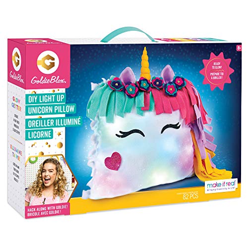 Product Cover Make It Real GoldieBlox - DIY Glowing Unicorn Pillow STEM DIY Arts & Crafts - Includes Sewing Kit and Color Changing Lights