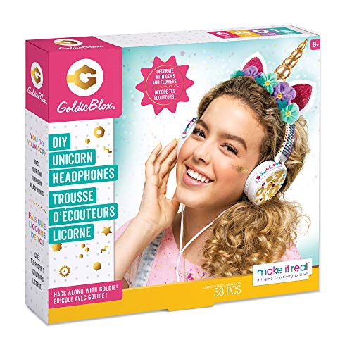 Product Cover Make It Real - GoldieBlox DIY Unicorn Headphones Kids STEM Arts & Crafts - Includes Volume Limiting Headphones, Stickers, Sequins, Beads