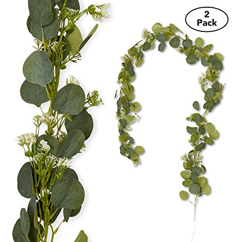 Product Cover 188 Eucalyptus Garland Leaves Seeded - Long Artificial Fake Silver Dollar With Baby Breathe - Greenery Wedding Backdrop Vines - 12 Feet Of Protected Outdoor/Indoor - Wired Structure For Hanging/Design