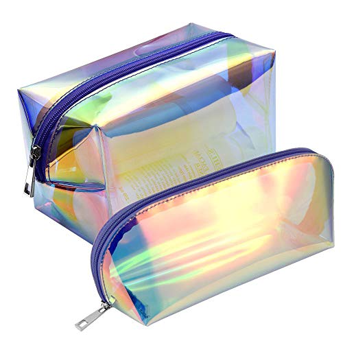 Product Cover Holographic Makeup Bag, F-color 2 Pack Fashion Cosmetic Travel Bag Large Toiletry Bag Makeup Organizer for Women, Purple