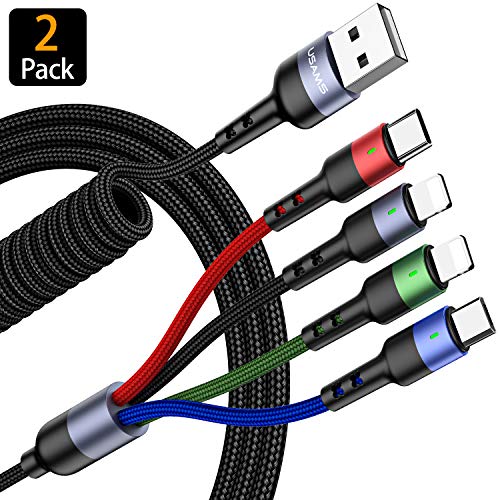 Product Cover [2Pack] Multi Charging Cable,4 in 1 Multiple USB Fast Charging Cord Adapter 5FT Nylon Braided Micro USB Type C Port Connectors Compatible with Cell Phones Tablets and More