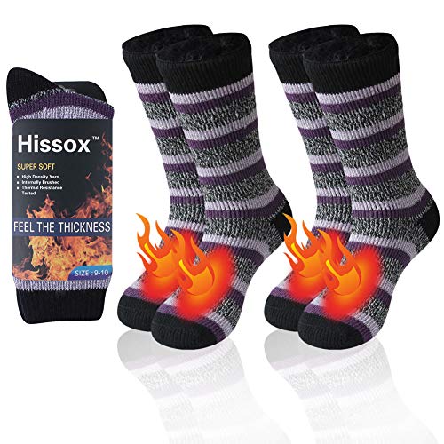 Product Cover Hissox Women's Warm Thermal Socks, Thick Heavy Winter Crew Thermal Socks for Cold Weather, Fleece Lined Slipper Home Socks Outdoor Skiing Socks 2 Pairs Black and Purple Stripe Women Size 9-10