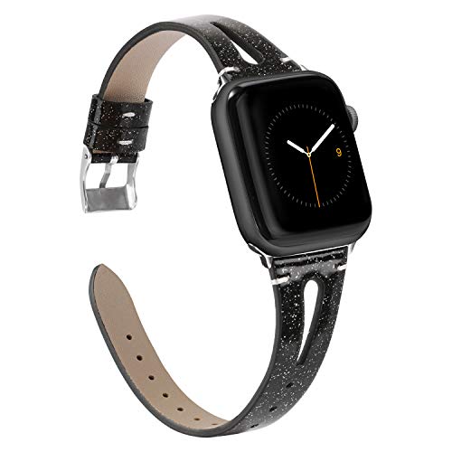 Product Cover Wearlizer Black Glitter Leather Band Compatible with Apple Watch Straps 38mm 40mm for iWatch Womens Triangle Hole Wristband Bling Replacement Bracelet (Metal Silver Buckle) Series 5 4 3 2 1 Sport