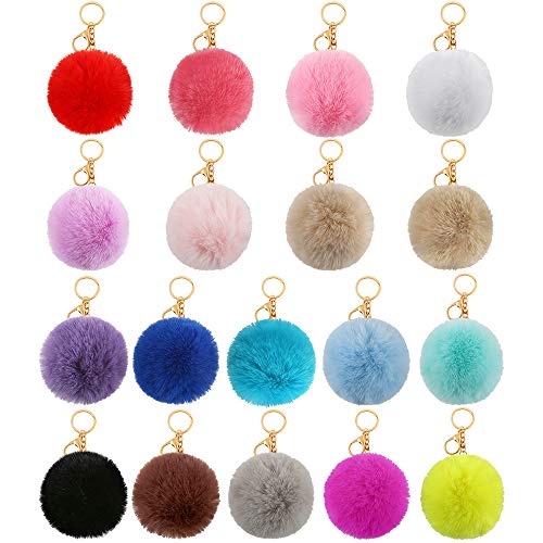 Product Cover Auihiay 18 Pieces Pom Poms Keychains Fluffy Pompoms Keychain Faux Rabbit Fur Pompoms Keyring
