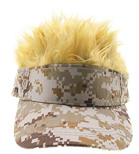 Product Cover Adult Novelty Sun Visor Cap with Spiked Hairs Wig Peaked Adjustable Baseball Hat (Yellow Camo-Yellow)