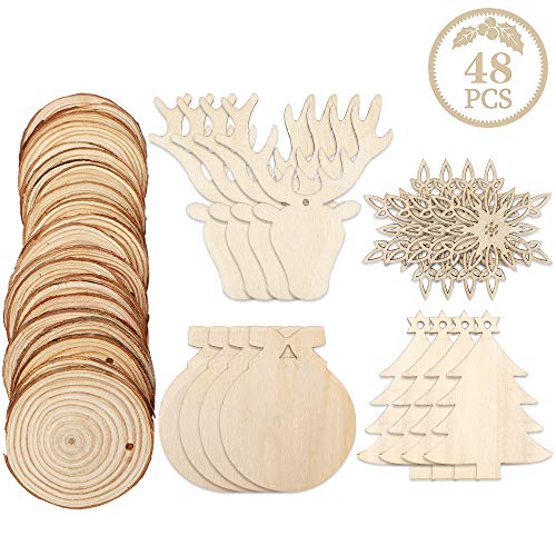 Product Cover CEWOR 48pcs Unfinished Wooden Christmas Ornaments Bulk Wood Christmas Tree Ornaments 5 Shapes Natural Wood Slices for Holiday DIY Crafts Christmas Hanging Decorations