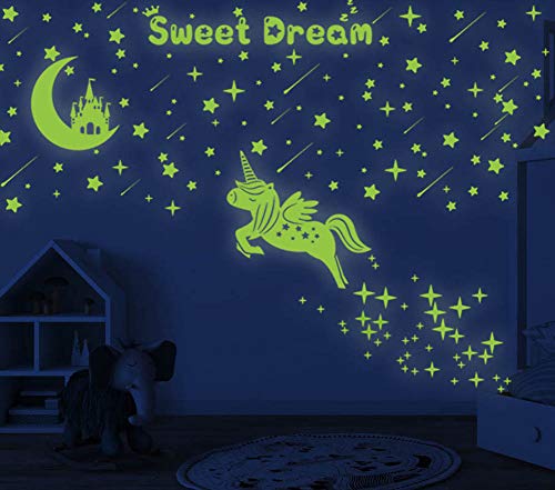 Product Cover 353 PCS Glow in Dark Stars and Moon Castle, Glowing Unicorn for Ceiling and Wall Decals, Kids Bedding Room or Party Birthday Gift