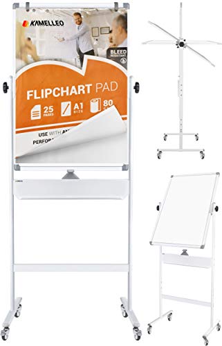 Product Cover Mobile Whiteboard - Large Adjustable Height 360° Reversible Double Sided Dry Erase Board - Magnetic White Board on Wheels - Portable Rolling Easel with Stand, Flip Chart Holders (36x24, White)