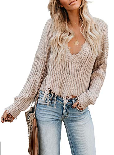 Product Cover Eytino Women V-Neck Long Sleeve Loose Ripped Pullover Knit Sweater Crop Top(S-XL)
