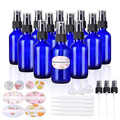 Product Cover Empty spray bottles,2oz Refillable Glass Spray Bottle is Great for Essential Oils,Beauty Products, Homemade Cleaners and Aromatherapy-12Pack (3 Funnels,5 Droppers,3 Extra Nozzles,Labels Included)